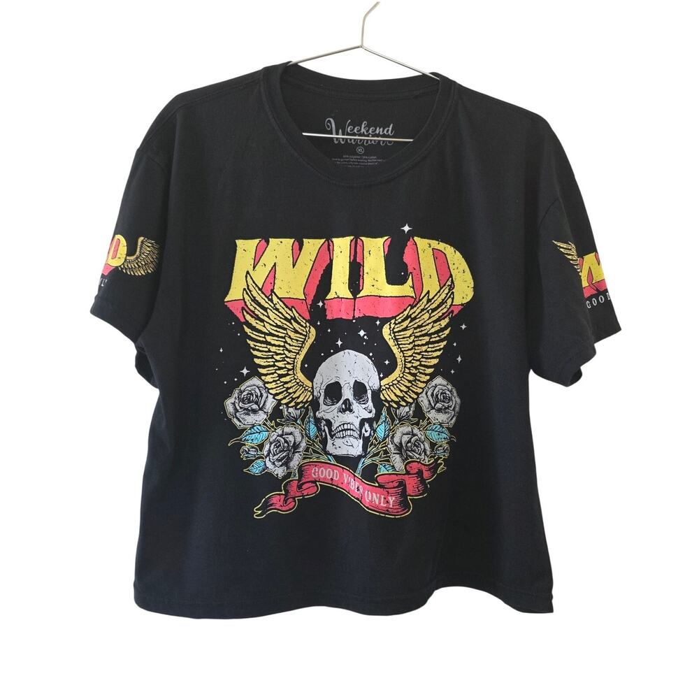 Weekend Warriors Wild Graphic T Shirt Black Women Size XL Skull Wings Roses